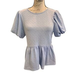 Blu Pepper Peplum Blouse Balloon Sleeve Light Blue Small Tie Bow Closure Stretch